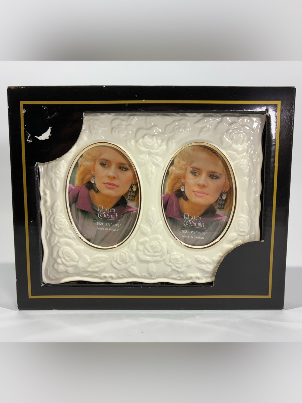 Vintage Potter & Smith Double Picture Frame Rose Embossed Gold Trim 2.5x3.5